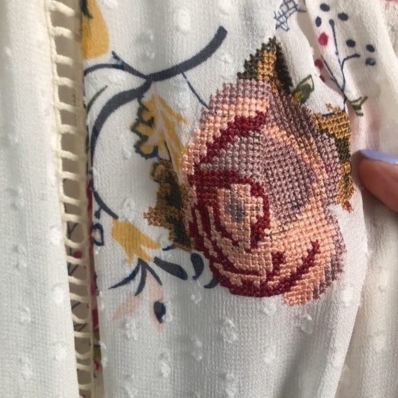 Zara Floral Embroidered Tie Front Sheer Blouse With Pom Pom Tassels Size Small - Picture 5 of 12